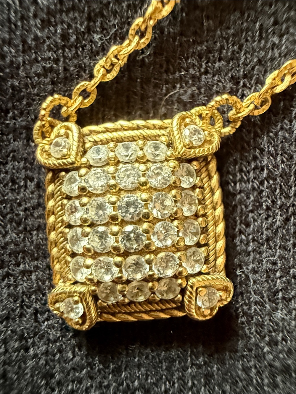 Judith Ripka, 14 carat YG clad pave CZ square pendant necklace